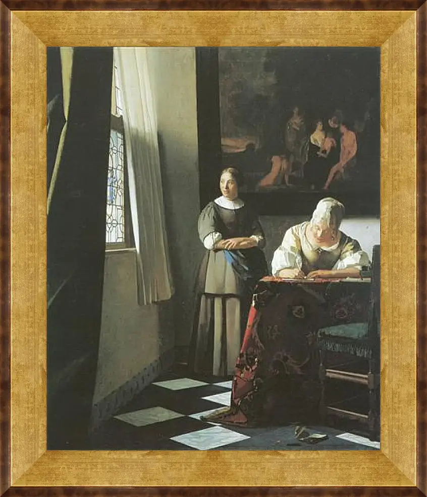 Картина в раме - Lady writing a letter with her maid. Ян (Йоханнес) Вермеер