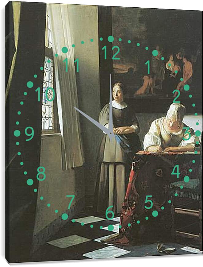 Часы картина - Lady writing a letter with her maid. Ян (Йоханнес) Вермеер
