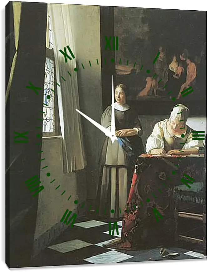 Часы картина - Lady writing a letter with her maid. Ян (Йоханнес) Вермеер