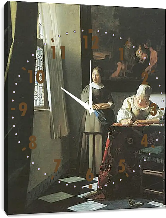 Часы картина - Lady writing a letter with her maid. Ян (Йоханнес) Вермеер