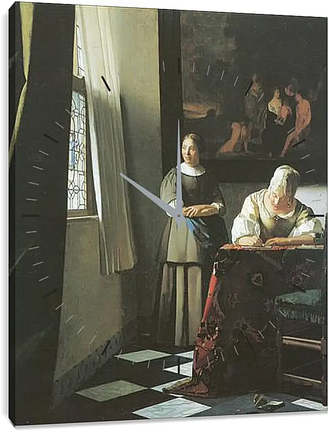 Часы картина - Lady writing a letter with her maid. Ян (Йоханнес) Вермеер