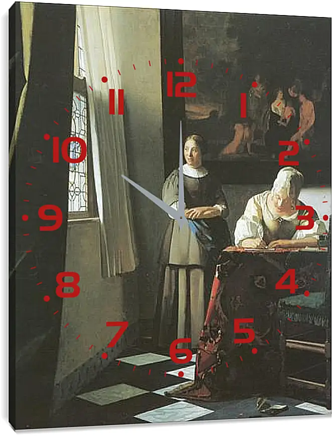 Часы картина - Lady writing a letter with her maid. Ян (Йоханнес) Вермеер