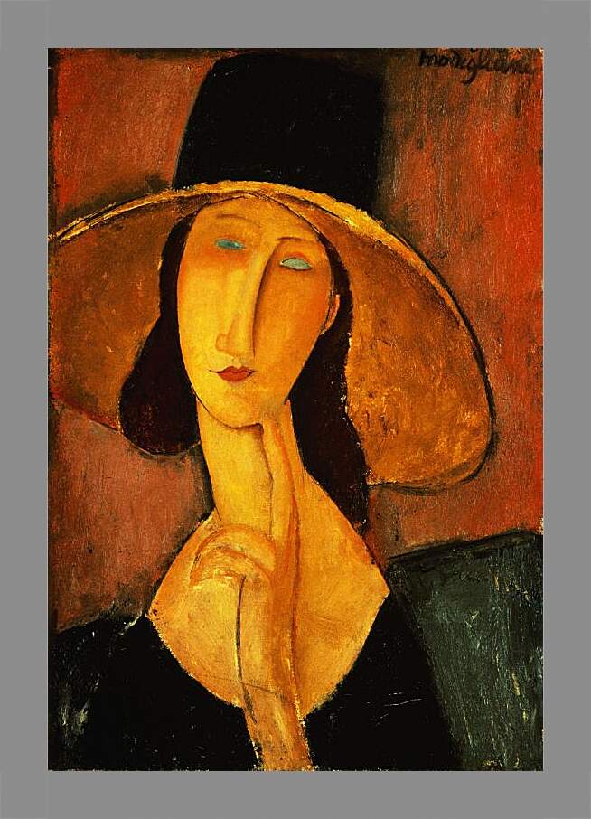 Картина в раме - Портрет Жанны Эбютерн в большой шляпе. Амедео Модильяни