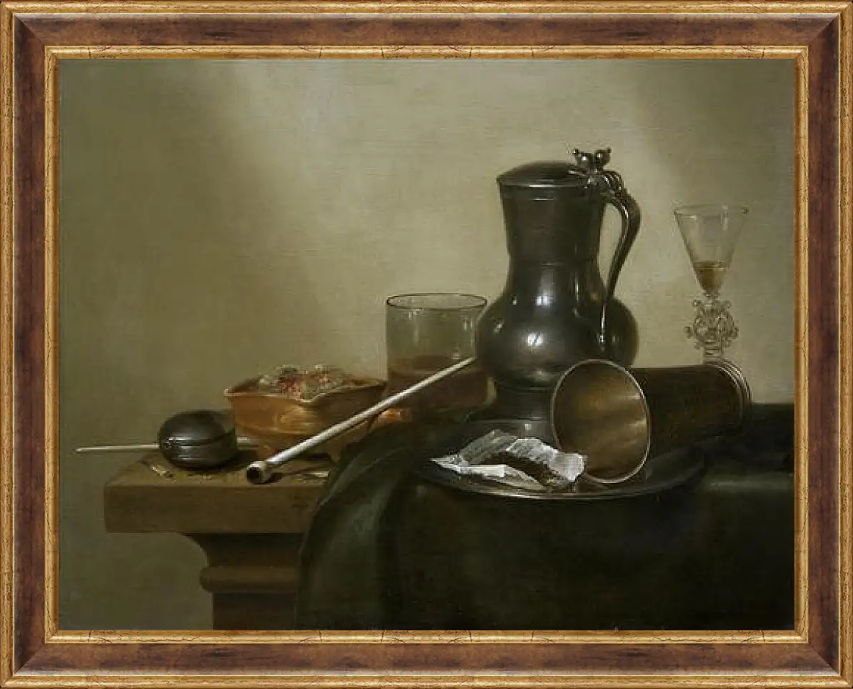 Картина в раме - Still Life with Tobacco, Wine and a Pocket Watch. Натюрморт с вином, табаком и карманными часами. Виллем Клас Хеда