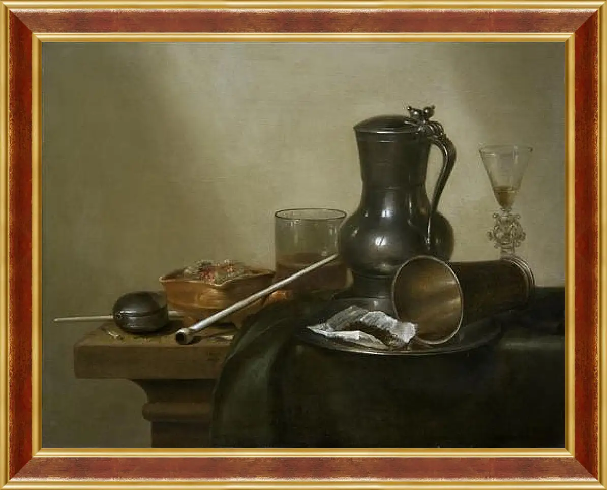 Картина в раме - Still Life with Tobacco, Wine and a Pocket Watch. Натюрморт с вином, табаком и карманными часами. Виллем Клас Хеда