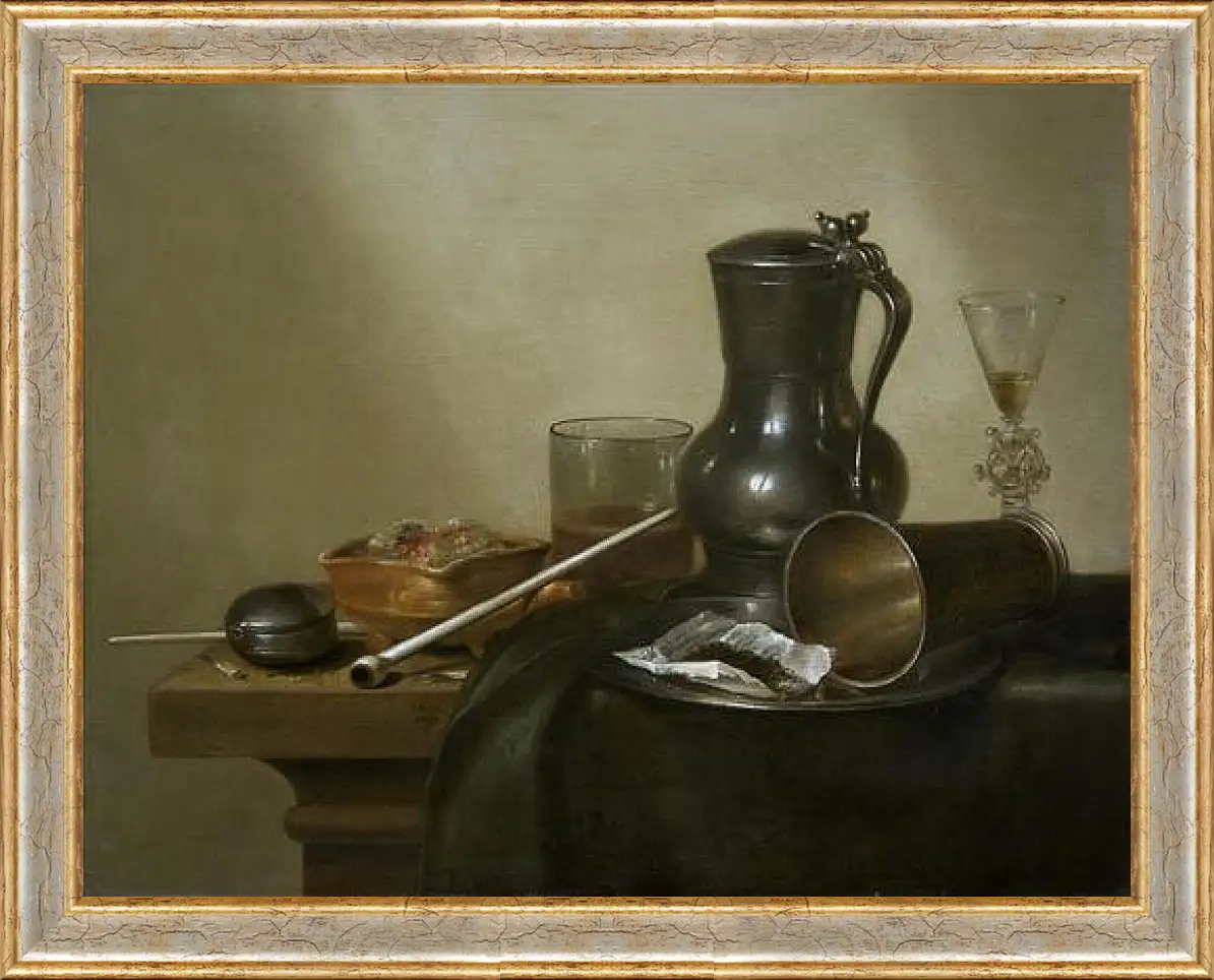 Картина в раме - Still Life with Tobacco, Wine and a Pocket Watch. Натюрморт с вином, табаком и карманными часами. Виллем Клас Хеда