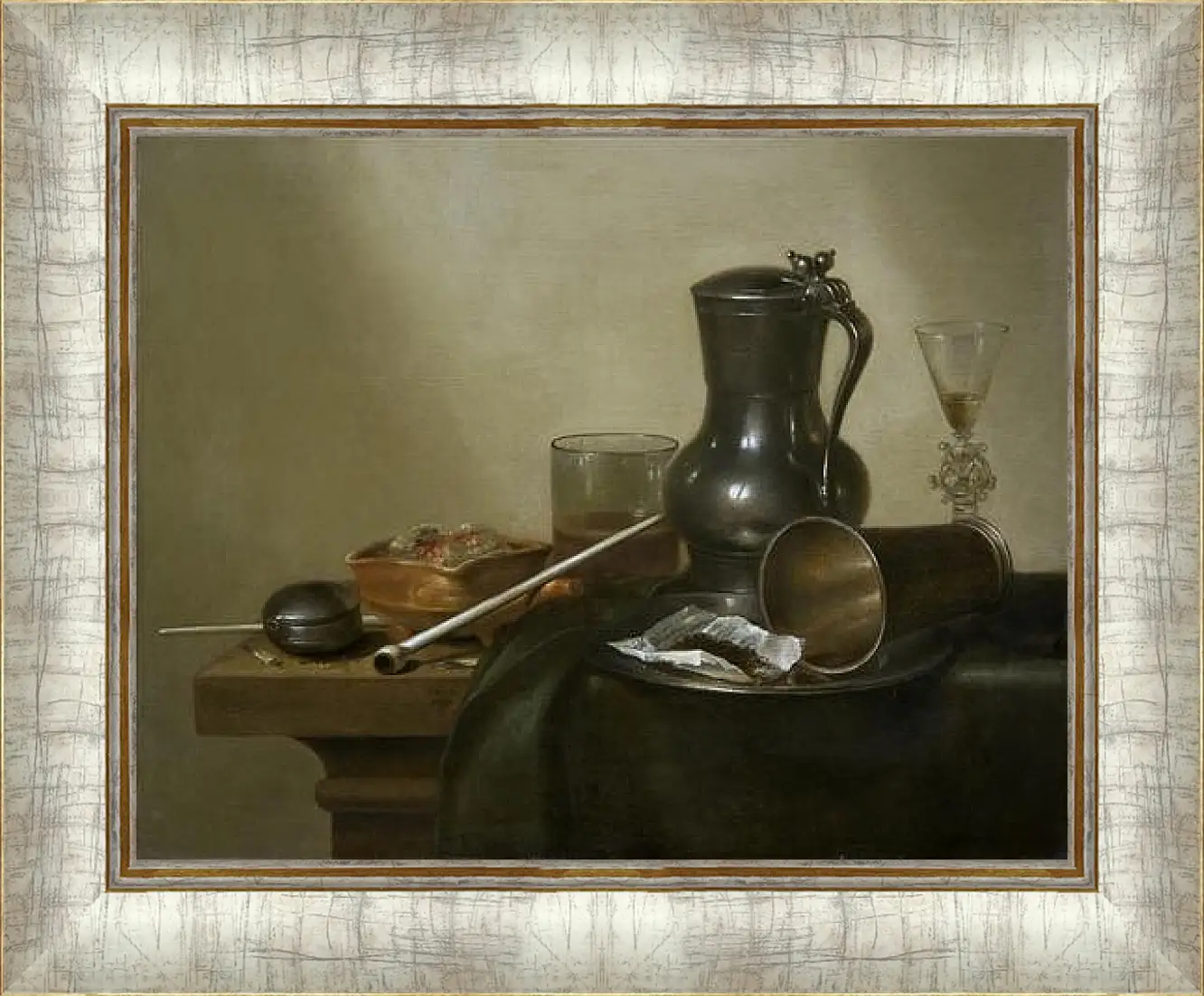 Картина в раме - Still Life with Tobacco, Wine and a Pocket Watch. Натюрморт с вином, табаком и карманными часами. Виллем Клас Хеда