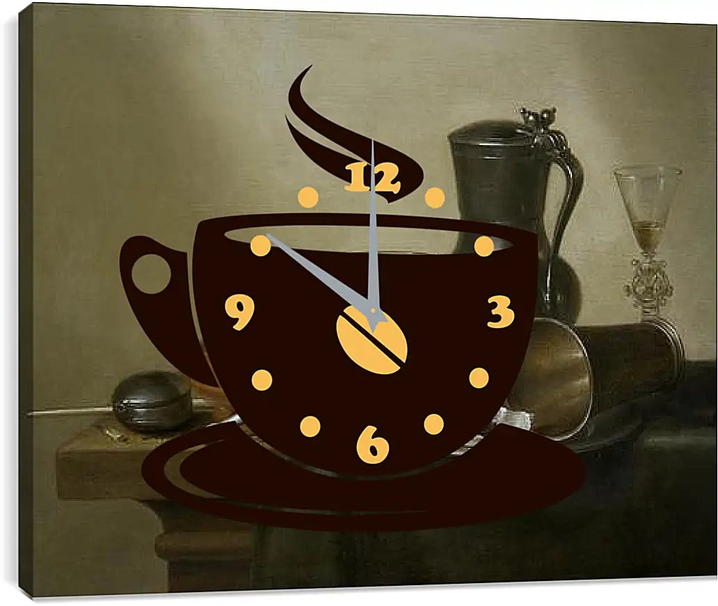 Часы картина - Still Life with Tobacco, Wine and a Pocket Watch. Натюрморт с вином, табаком и карманными часами. Виллем Клас Хеда