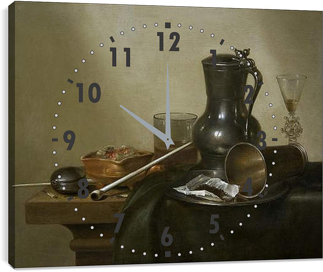 Часы картина - Still Life with Tobacco, Wine and a Pocket Watch. Натюрморт с вином, табаком и карманными часами. Виллем Клас Хеда