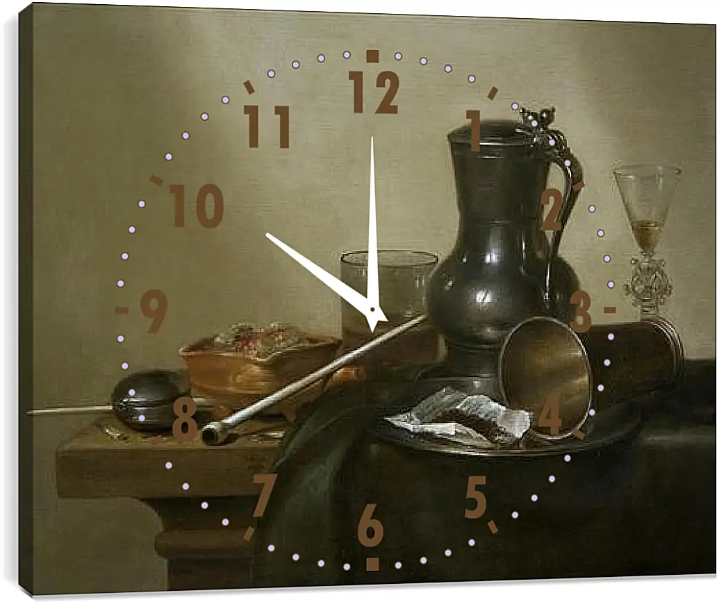 Часы картина - Still Life with Tobacco, Wine and a Pocket Watch. Натюрморт с вином, табаком и карманными часами. Виллем Клас Хеда