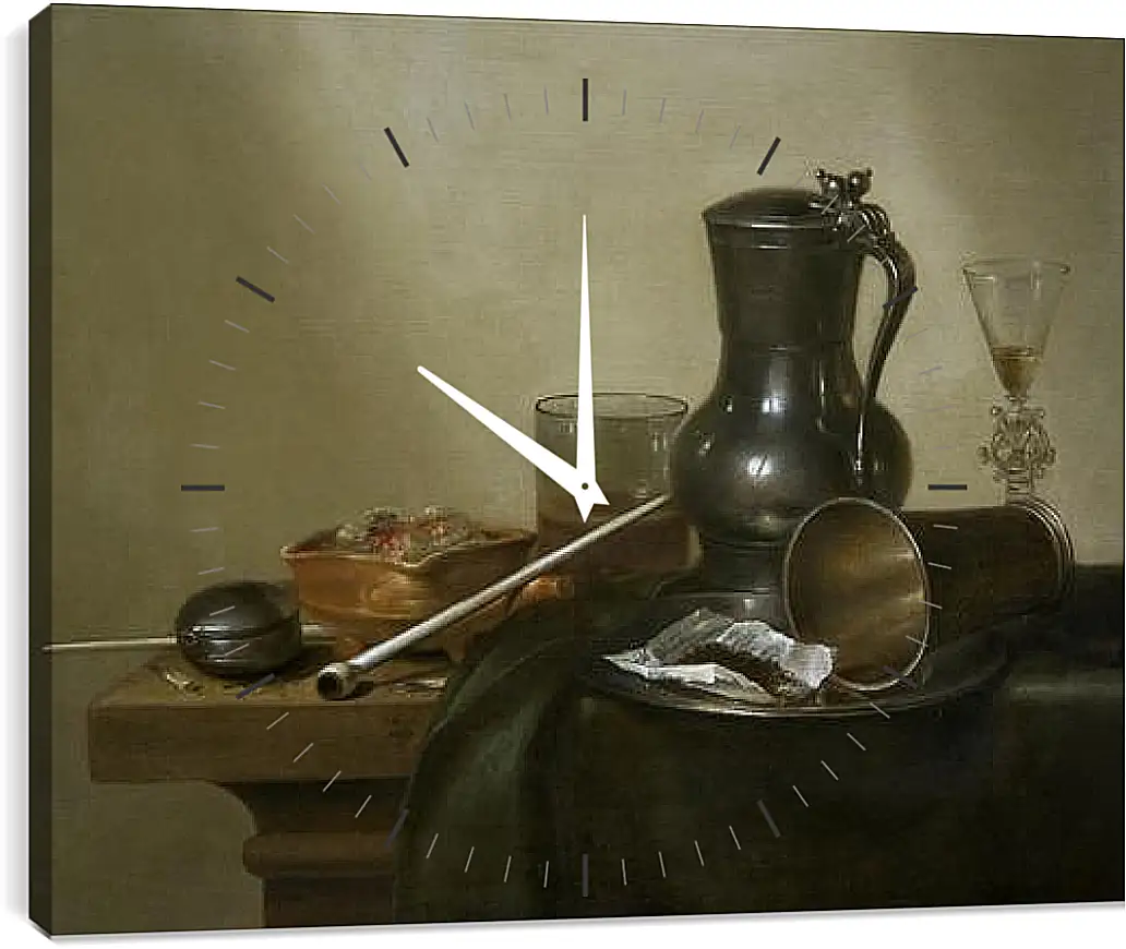 Часы картина - Still Life with Tobacco, Wine and a Pocket Watch. Натюрморт с вином, табаком и карманными часами. Виллем Клас Хеда