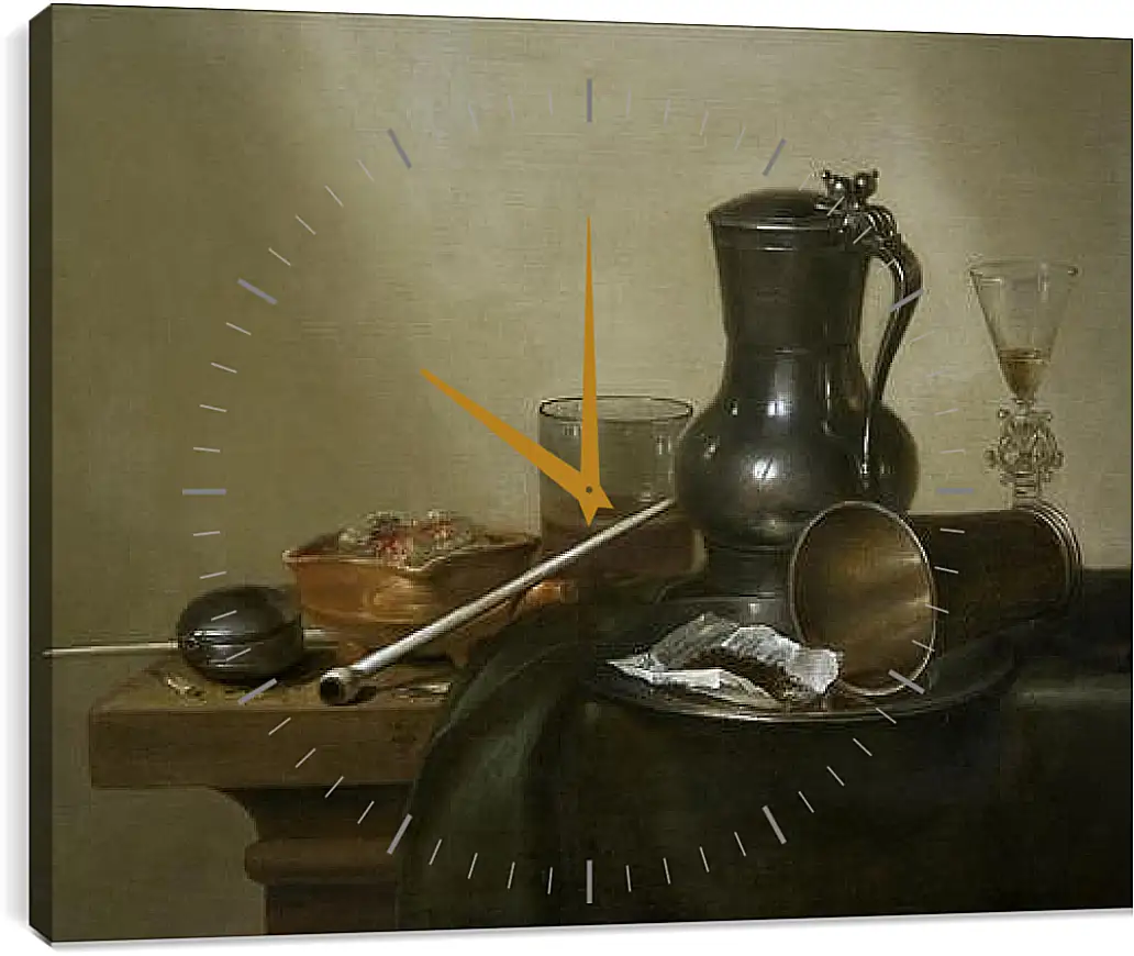 Часы картина - Still Life with Tobacco, Wine and a Pocket Watch. Натюрморт с вином, табаком и карманными часами. Виллем Клас Хеда