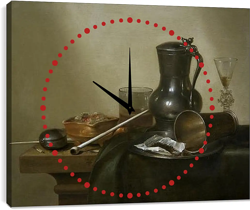 Часы картина - Still Life with Tobacco, Wine and a Pocket Watch. Натюрморт с вином, табаком и карманными часами. Виллем Клас Хеда