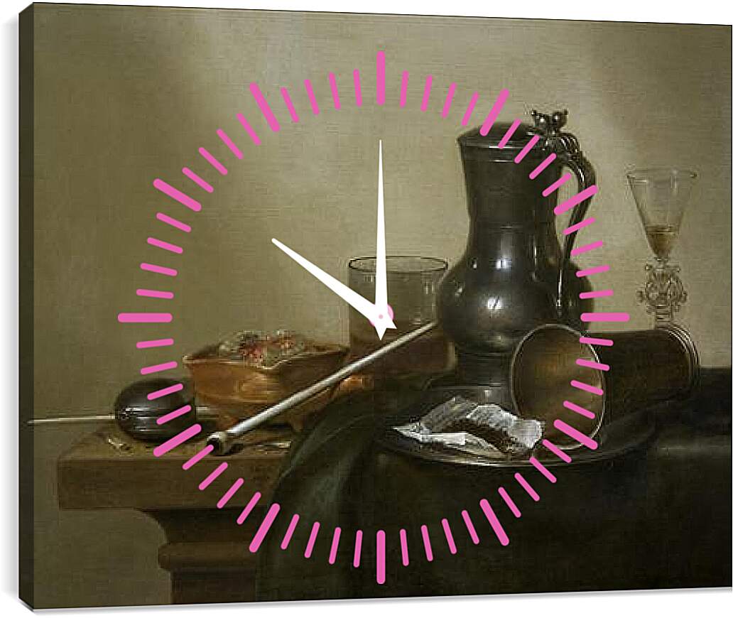 Часы картина - Still Life with Tobacco, Wine and a Pocket Watch. Натюрморт с вином, табаком и карманными часами. Виллем Клас Хеда