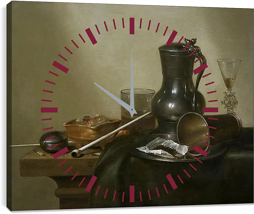 Часы картина - Still Life with Tobacco, Wine and a Pocket Watch. Натюрморт с вином, табаком и карманными часами. Виллем Клас Хеда