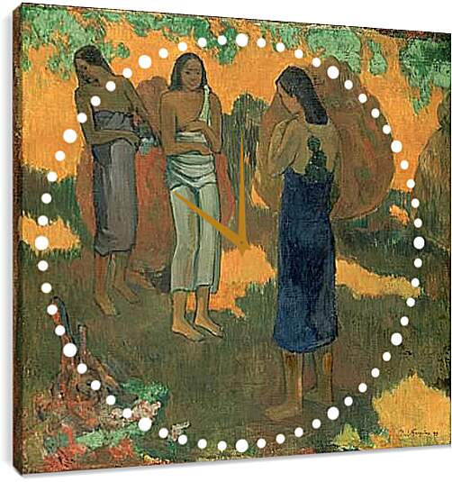 Часы картина - Three Tahitian Women Against a Yellow Background. Поль Гоген
