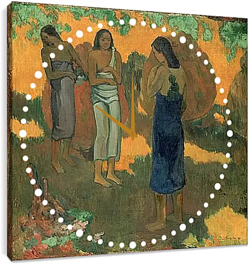 Часы картина - Three Tahitian Women Against a Yellow Background. Поль Гоген