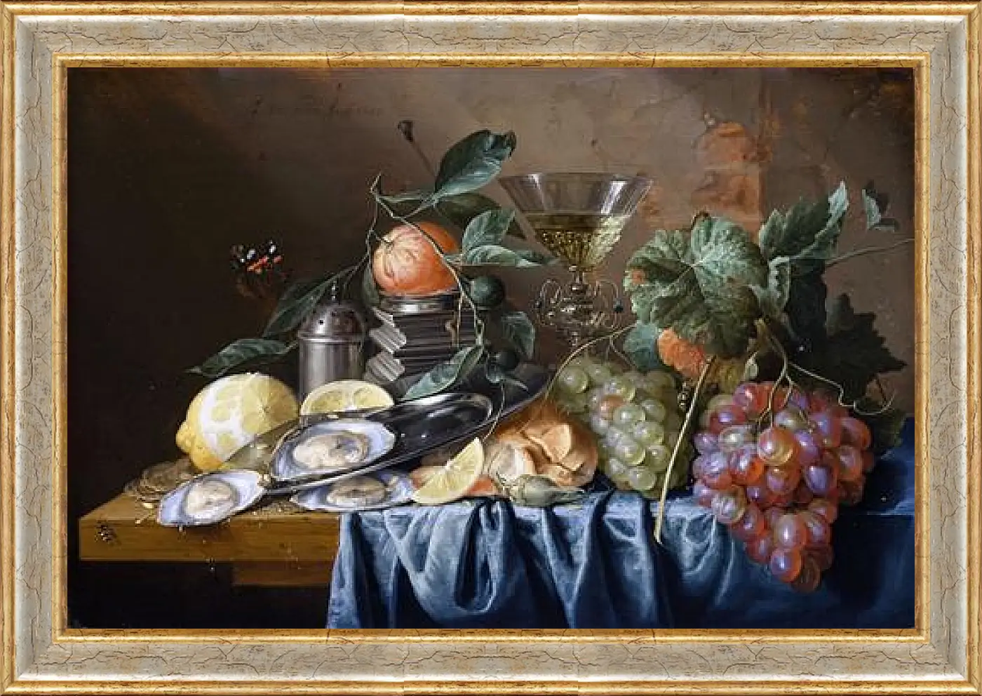 Картина в раме - Still Life with Oysters and Grapes. Ян Хем Давидс Де