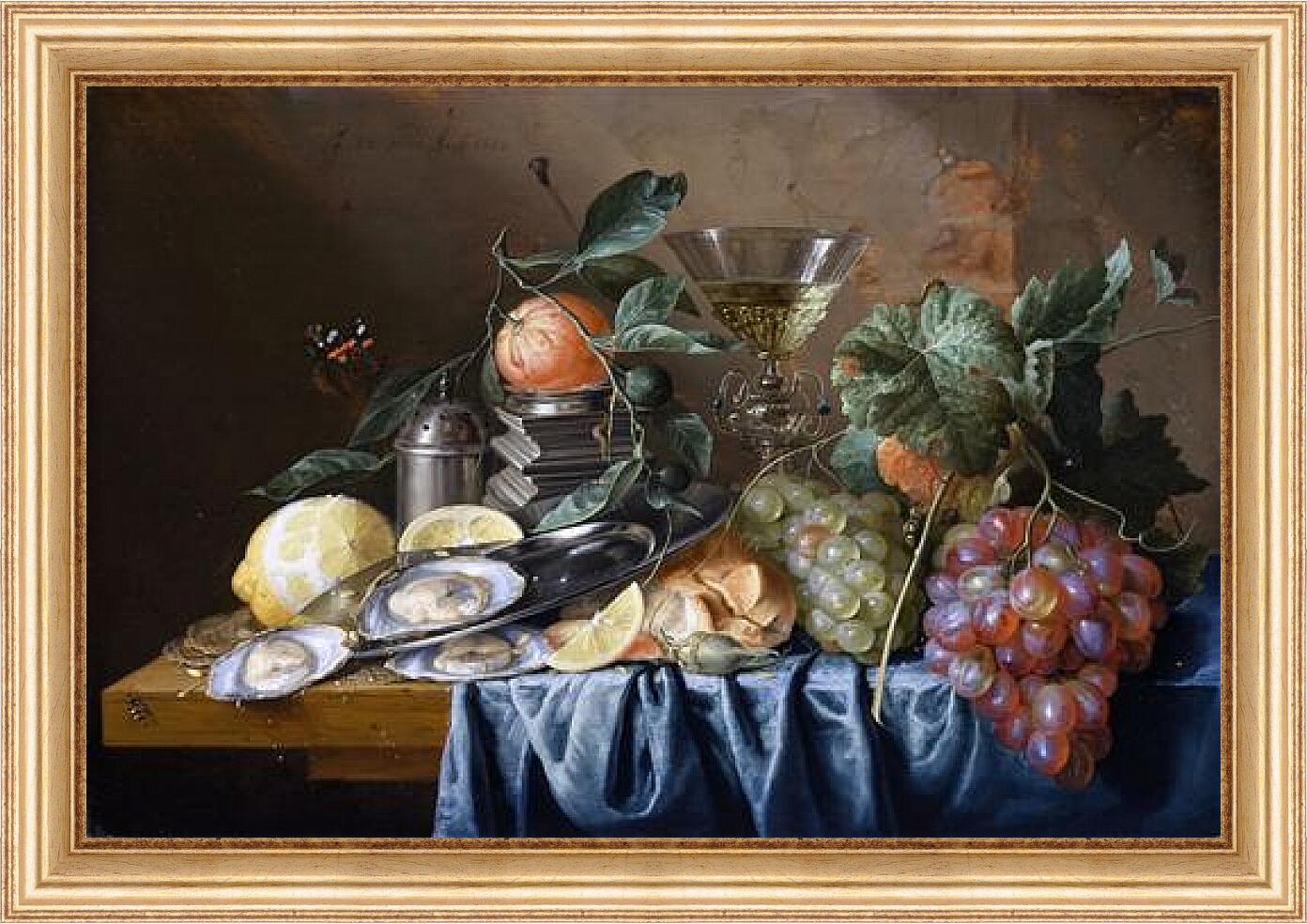 Картина в раме - Still Life with Oysters and Grapes. Ян Хем Давидс Де