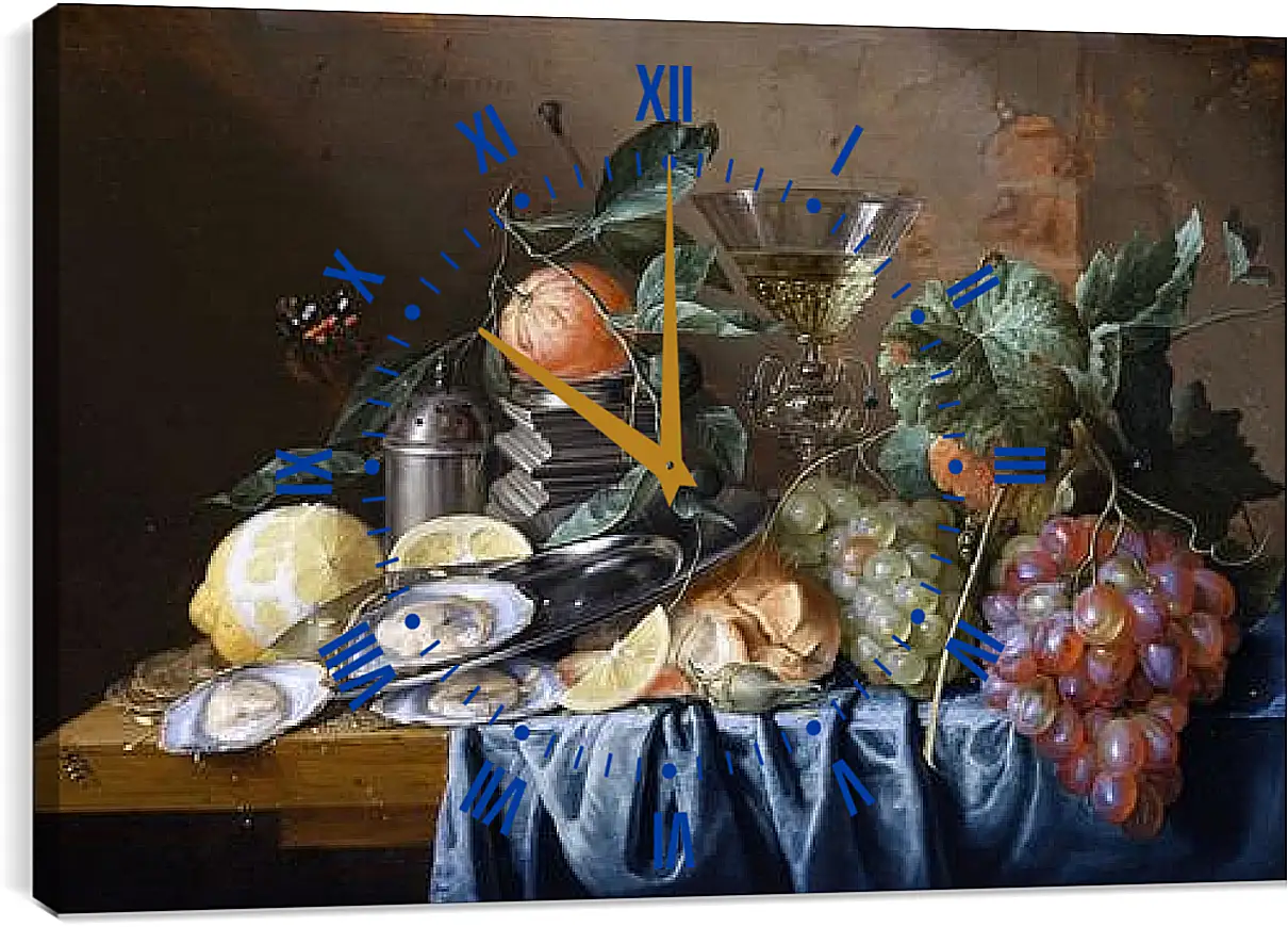 Часы картина - Still Life with Oysters and Grapes. Ян Хем Давидс Де