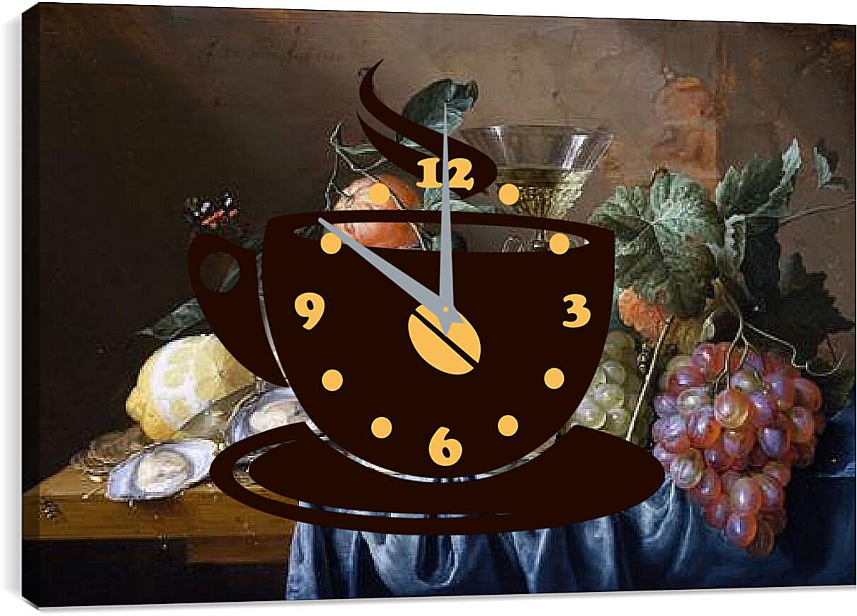 Часы картина - Still Life with Oysters and Grapes. Ян Хем Давидс Де