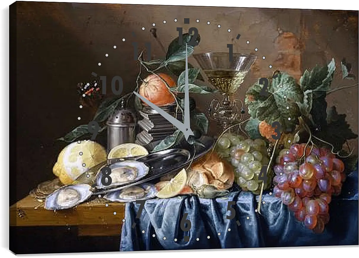 Часы картина - Still Life with Oysters and Grapes. Ян Хем Давидс Де