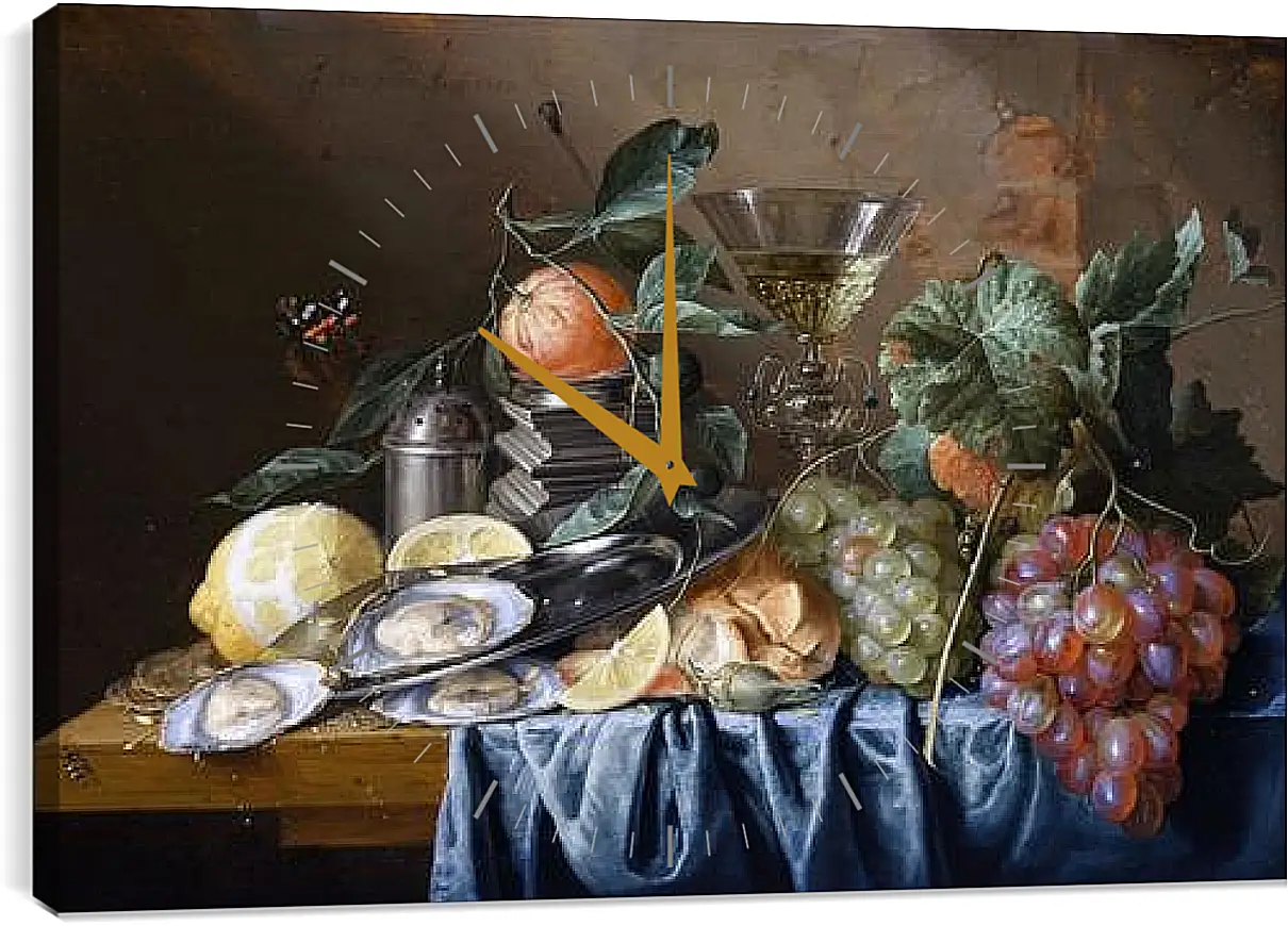 Часы картина - Still Life with Oysters and Grapes. Ян Хем Давидс Де
