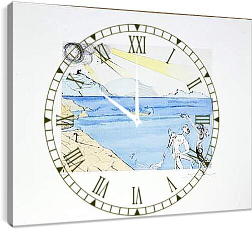 Часы картина - Божественность сюрреализма (изображен городок Кадакес). Сальвадор Дали