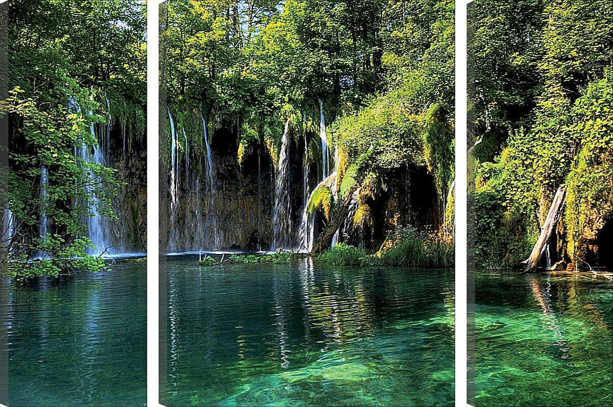 Модульная картина - Водопады и зеленое озеро