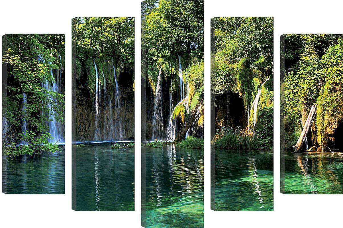 Модульная картина - Водопады и зеленое озеро