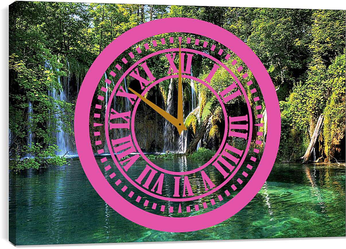 Часы картина - Водопады и зеленое озеро
