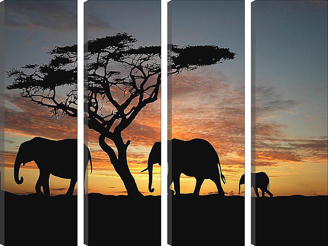 Модульная картина - Семья слонов на закате
