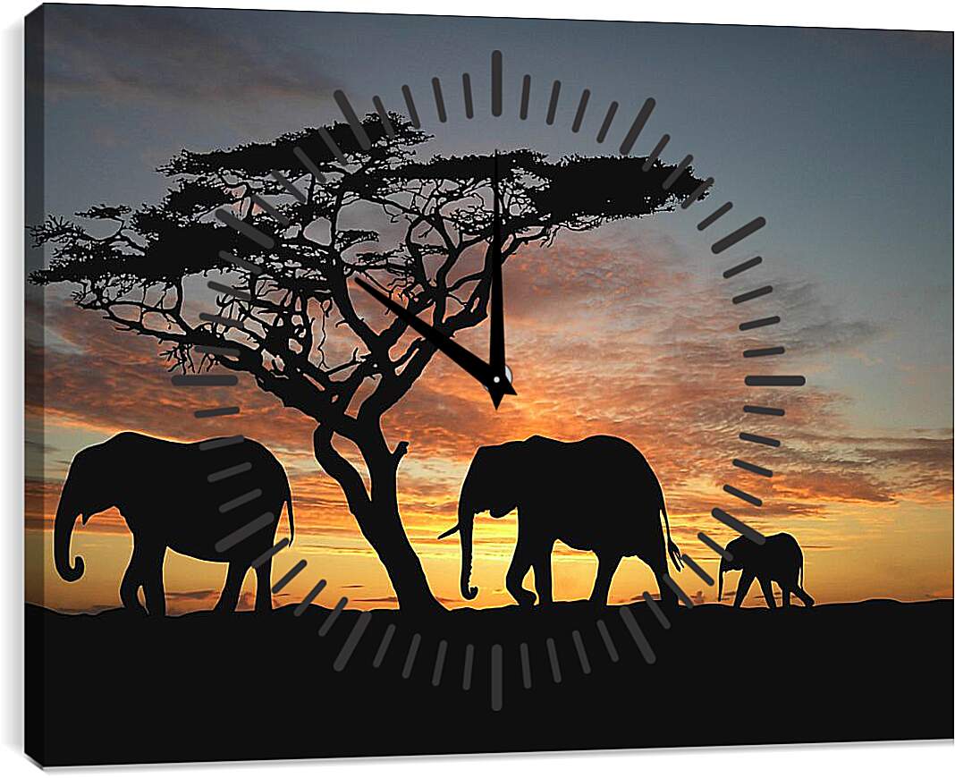 Часы картина - Семья слонов на закате