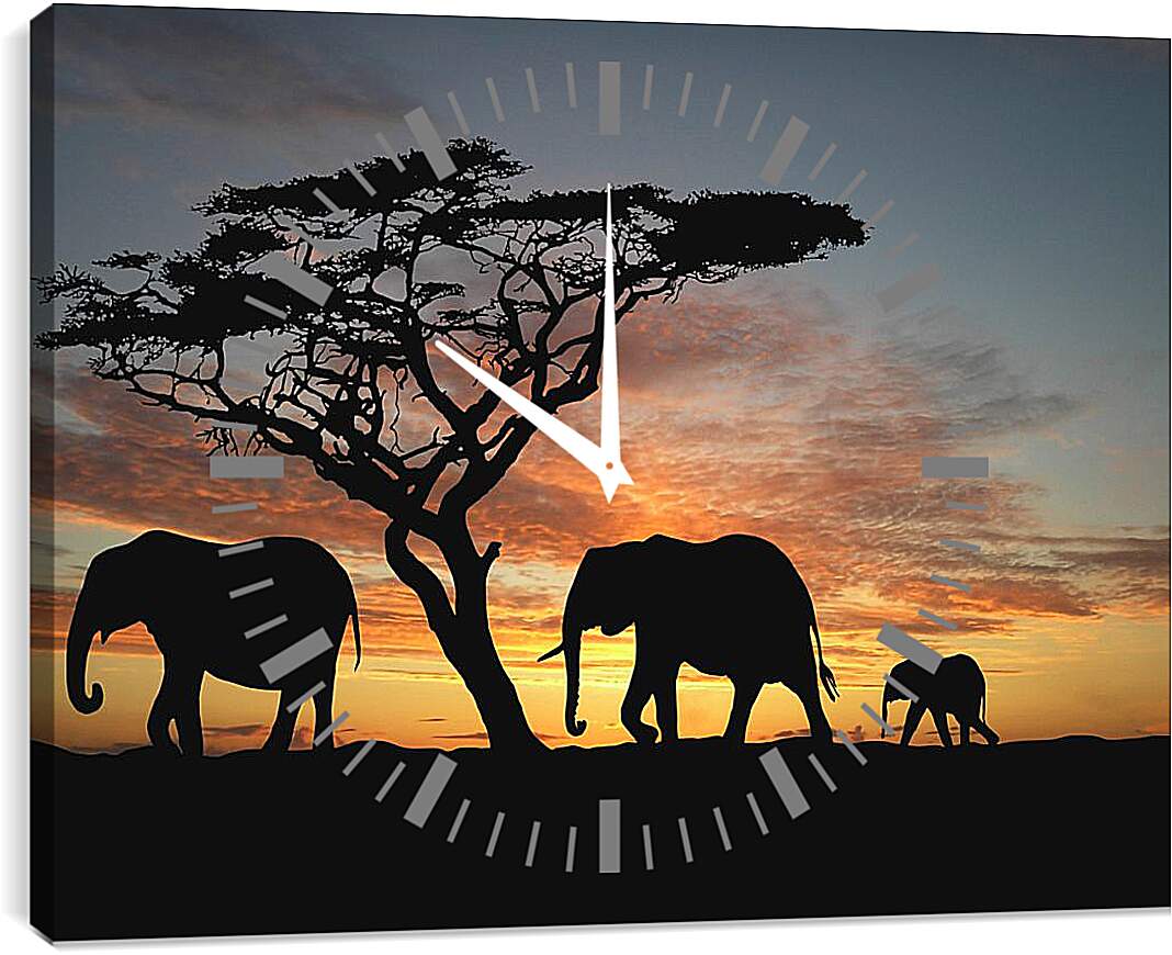 Часы картина - Семья слонов на закате