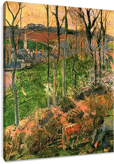 Постер и плакат - Petit Breton arrangeant son sabot, ou Paysage a Pont-Aven, Bretagne. Поль Гоген