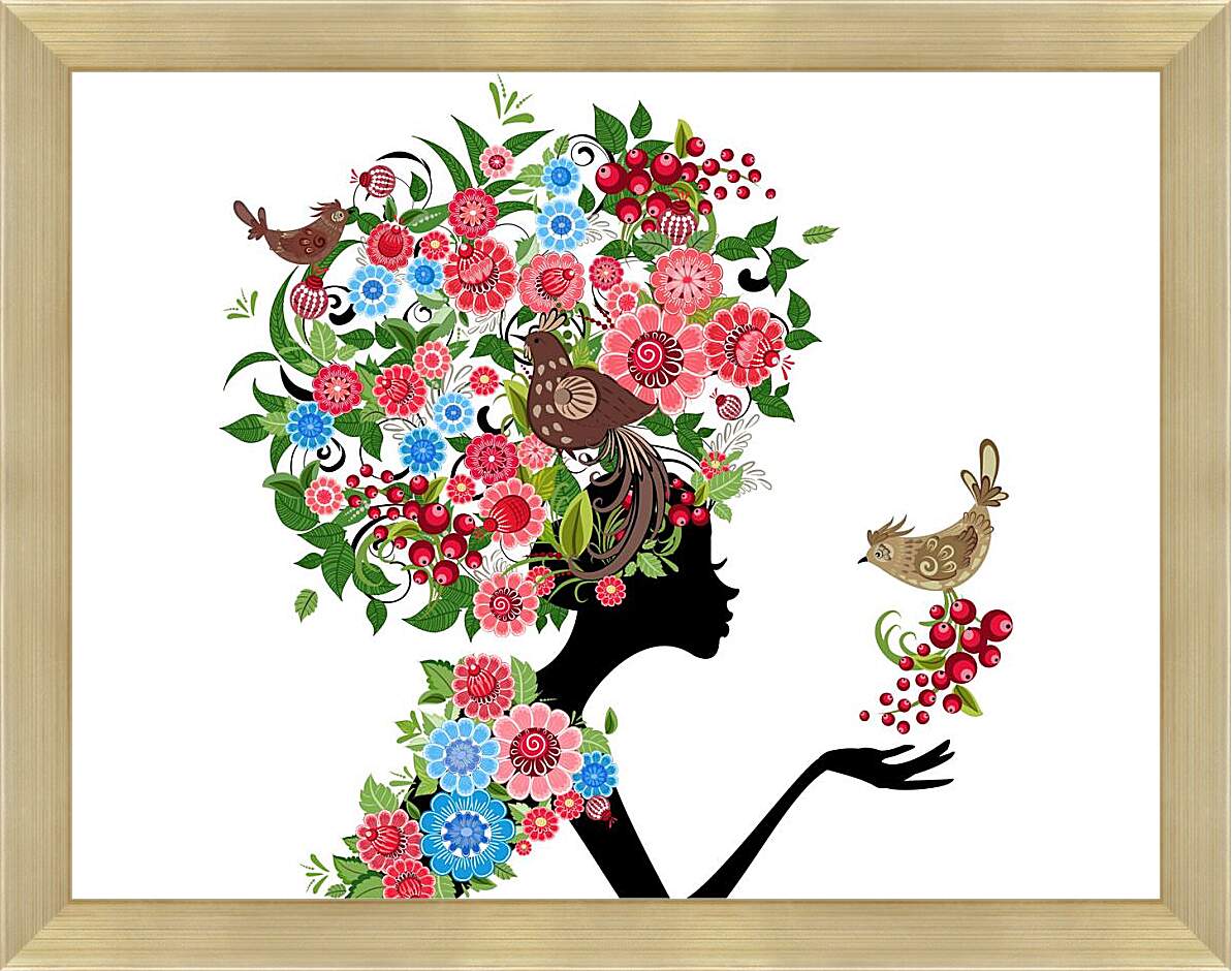 Картина в раме - Девушка и цветы
