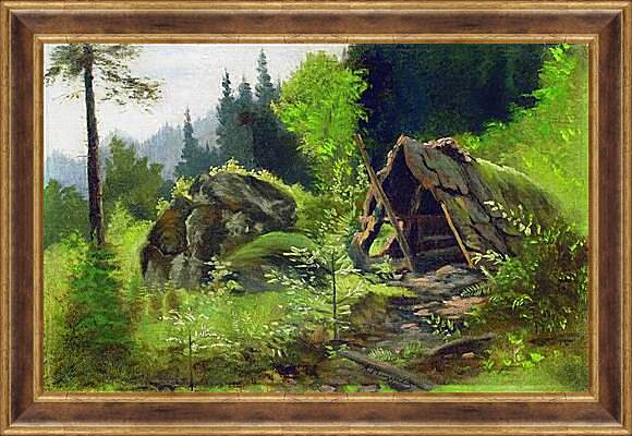 Картина в раме - Шалаш в лесу. Мещерский Арсений