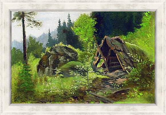 Картина в раме - Шалаш в лесу. Мещерский Арсений