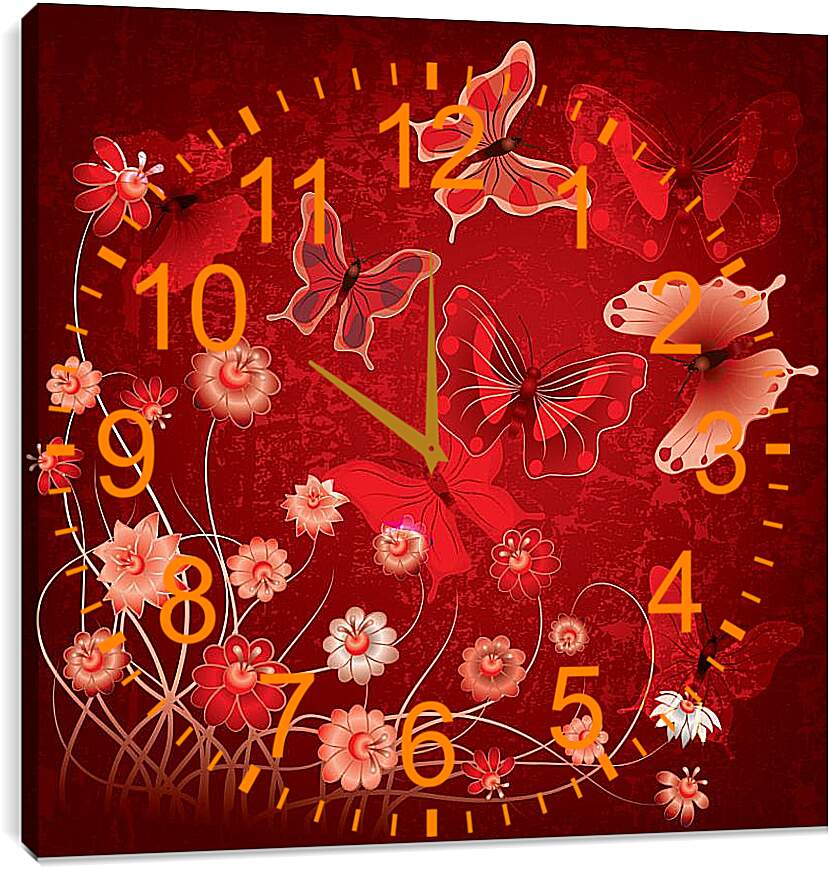 Часы картина - Бабачки на красном фоне