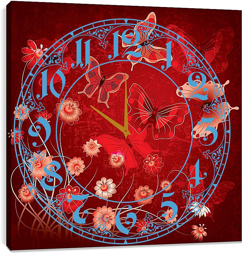 Часы картина - Бабачки на красном фоне