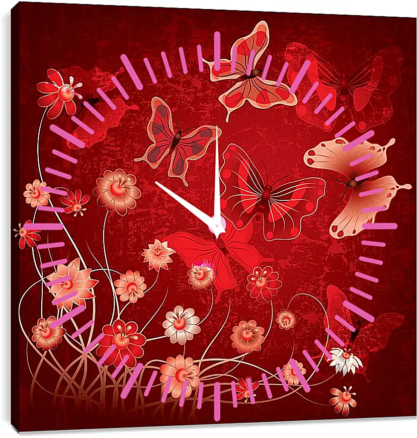 Часы картина - Бабачки на красном фоне