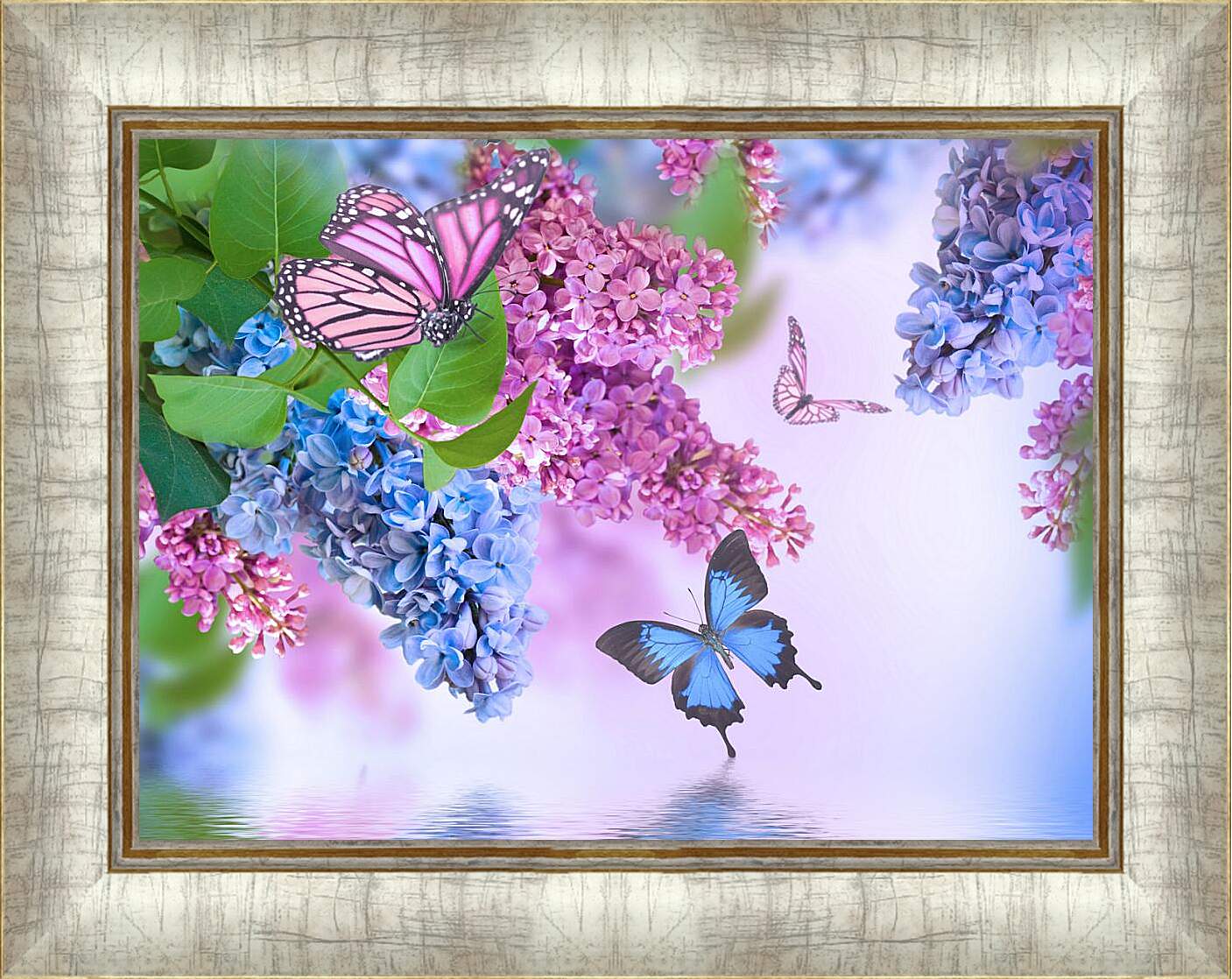 Картина в раме - Сирень и бабочки