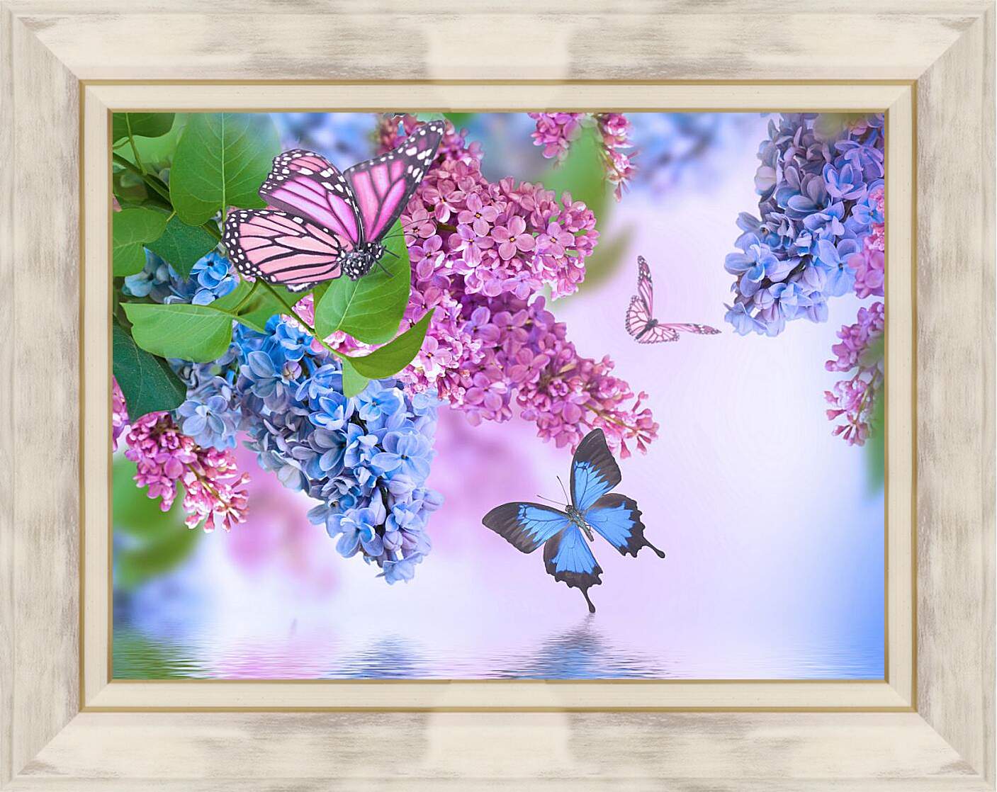 Картина в раме - Сирень и бабочки