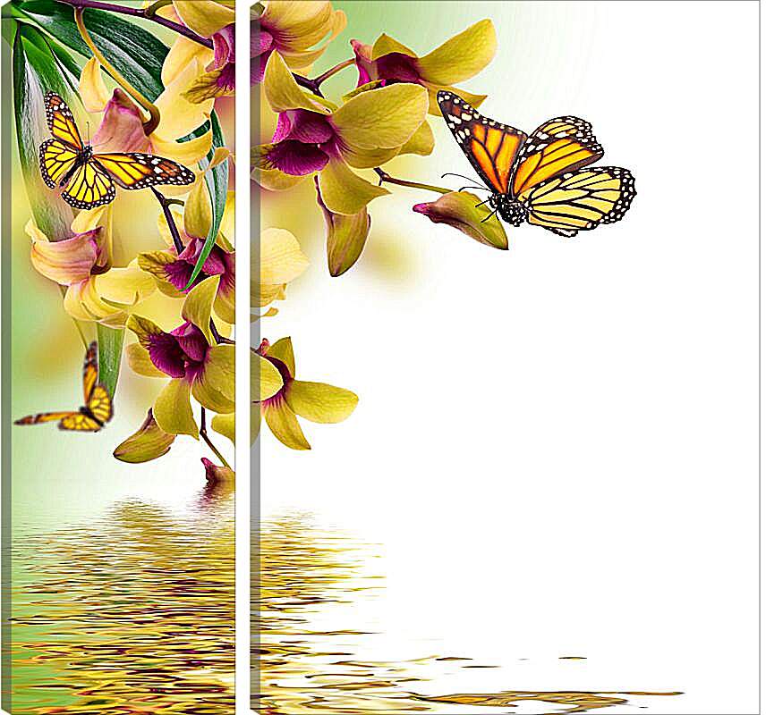 Модульная картина - Желтые орхидеи и бабочки