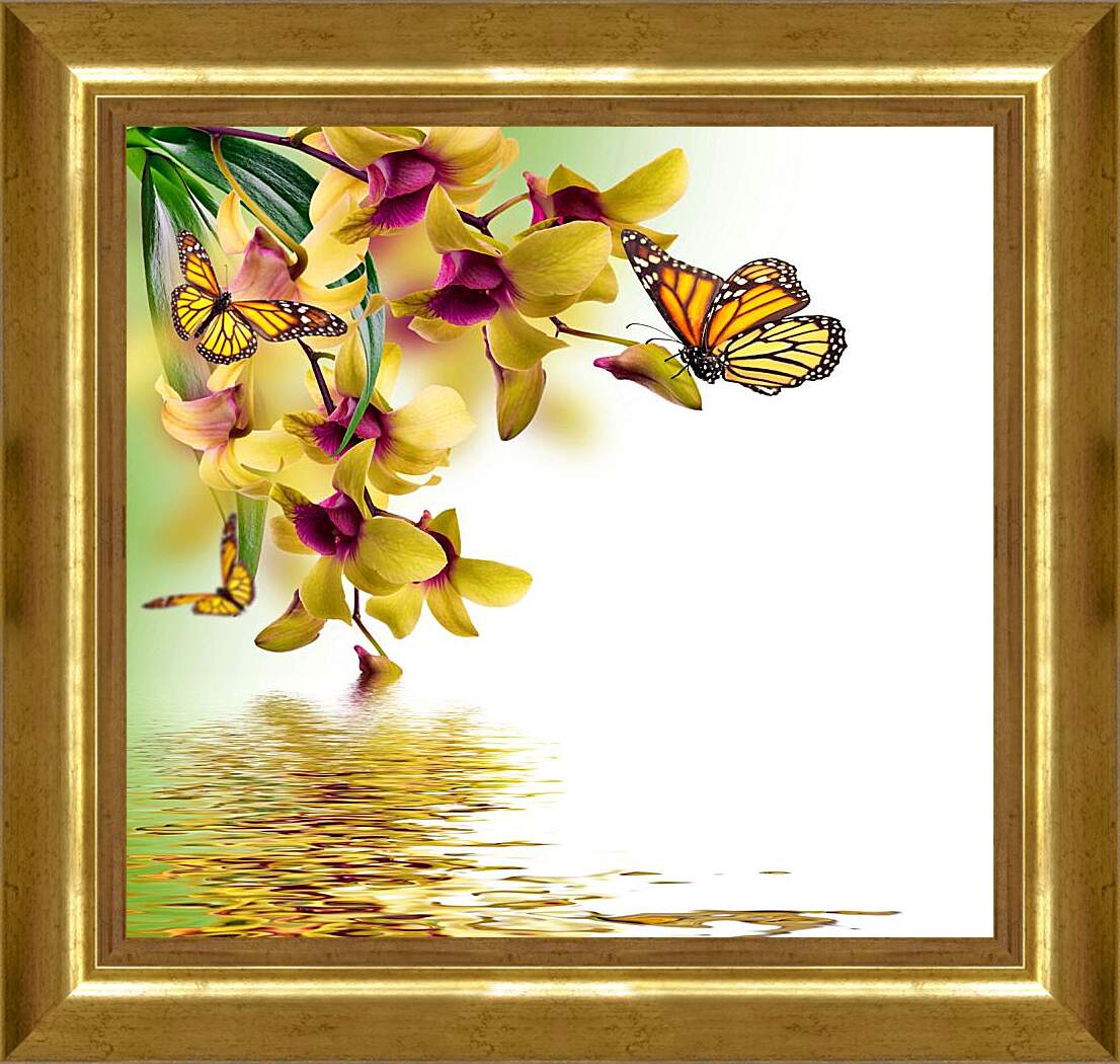 Картина в раме - Желтые орхидеи и бабочки