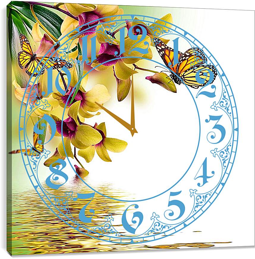 Часы картина - Желтые орхидеи и бабочки