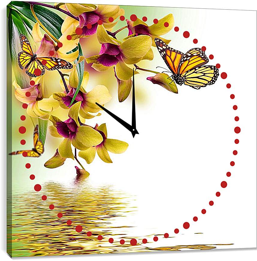 Часы картина - Желтые орхидеи и бабочки
