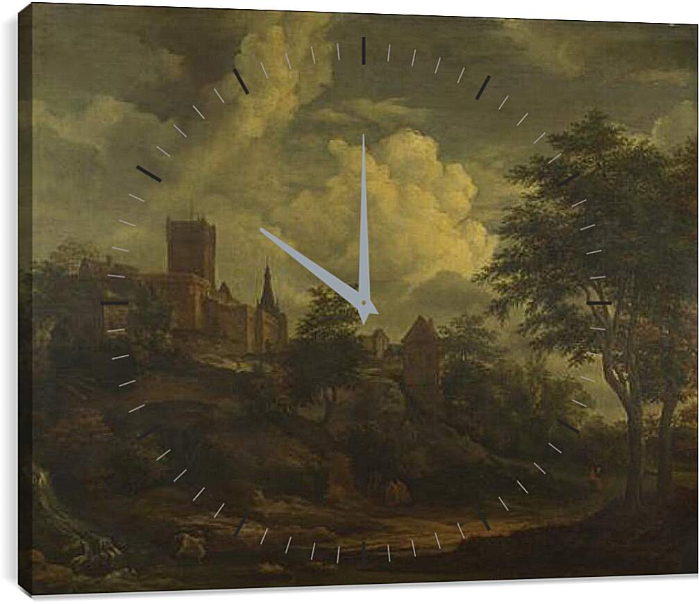 Часы картина - A Castle on a Hill by a River. Якоб ван Рейсдал