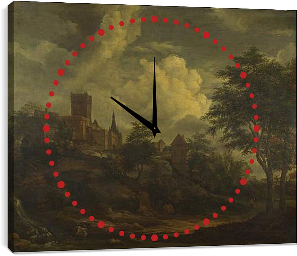 Часы картина - A Castle on a Hill by a River. Якоб ван Рейсдал