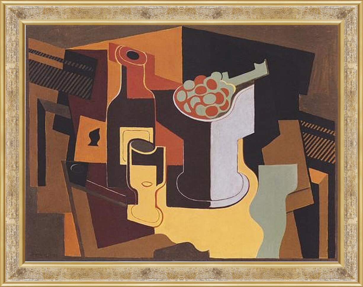 Картина в раме - Flasche und Obstschale. Хуан Грис